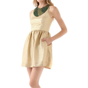 SHOSHANNA Dress Gold Beaded Metallic Silk Flare Skirt Mini Pockets 6